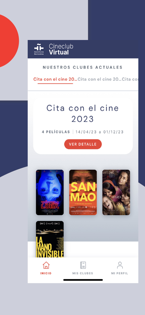 Clubes virtuales IC (oficial) - Interface of the Cineclub Virtual mobile app showing available Spanish language film clubs and movie posters.