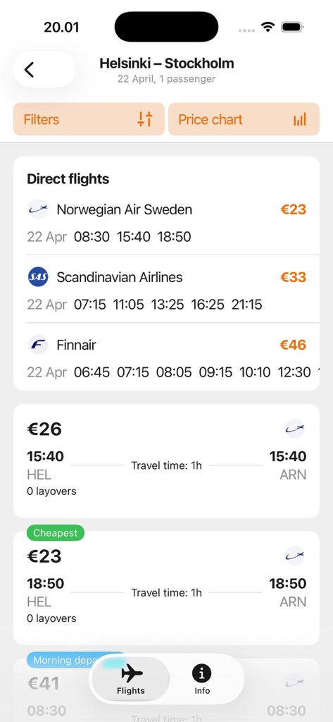 ヘルシンキからストックホルムへの低価格直行便オプションと、最も安いフライトのハイライトを表示する画面