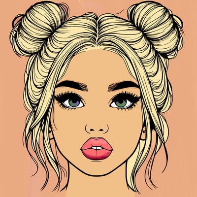 realistic girl with two buns on her hair and lips