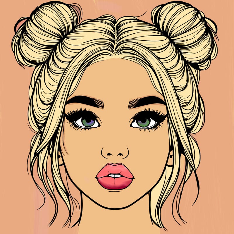 realistic girl with two buns on her hair and lips