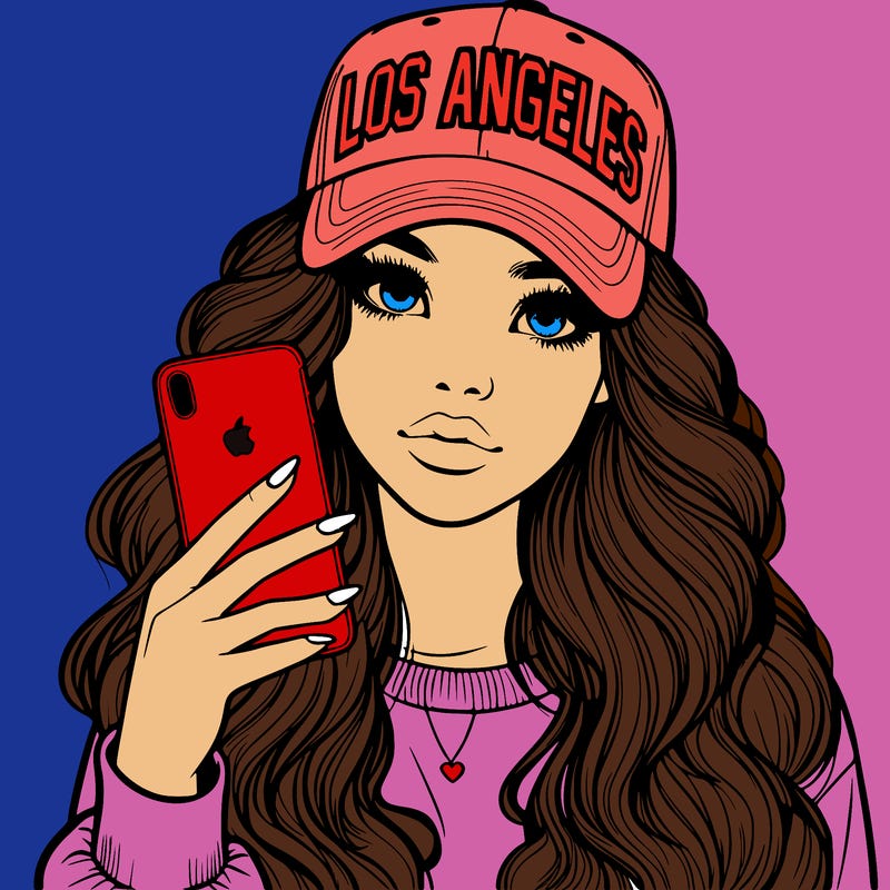 realistic beautiful girl wearing los ángeles cap holding an iphone
