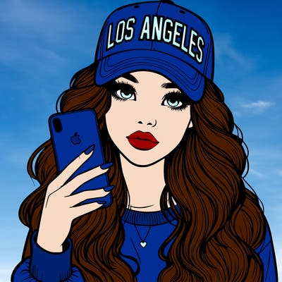 realistic beautiful girl wearing los ángeles cap holding an iphone