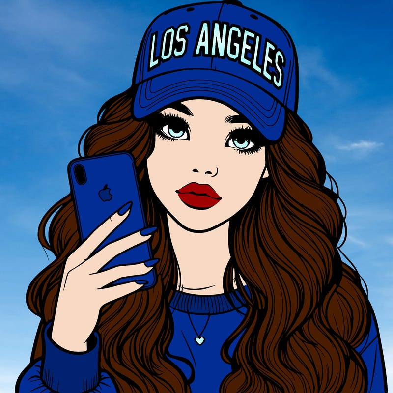 realistic beautiful girl wearing los ángeles cap holding an iphone