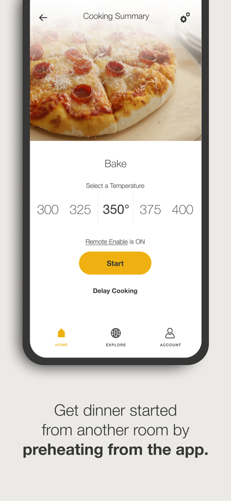 Interface de l'application Whirlpool montrant les réglages de préchauffage à distance du four et la sélection de la température