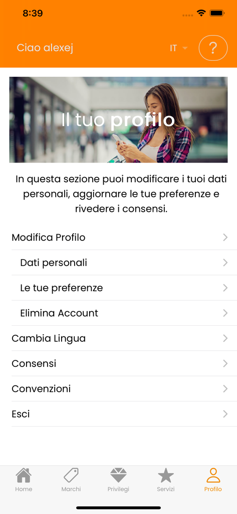 FoxPrivilege - User profile screen of the FoxPrivilege app showing personal data management and preference settings