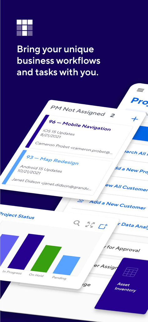 Interface de l'application mobile TrackVia affichant des cartes de tâches et des graphiques de statut de projets d'entreprise