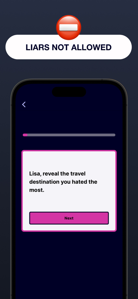 Un'interfaccia di domande di verità dall'app Truth or Truth che chiede a Lisa una destinazione di viaggio odiata