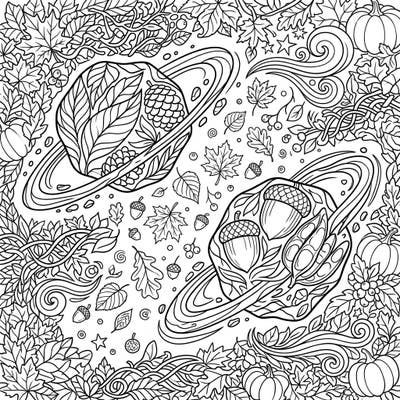 Discover a captivating blend of celestial wonder and autumnal charm with this unique coloring page. Adorned with fall leaves, pinecones, and pumpkins, these binary asteroids invite you to a cosmic harvest coloring experience.