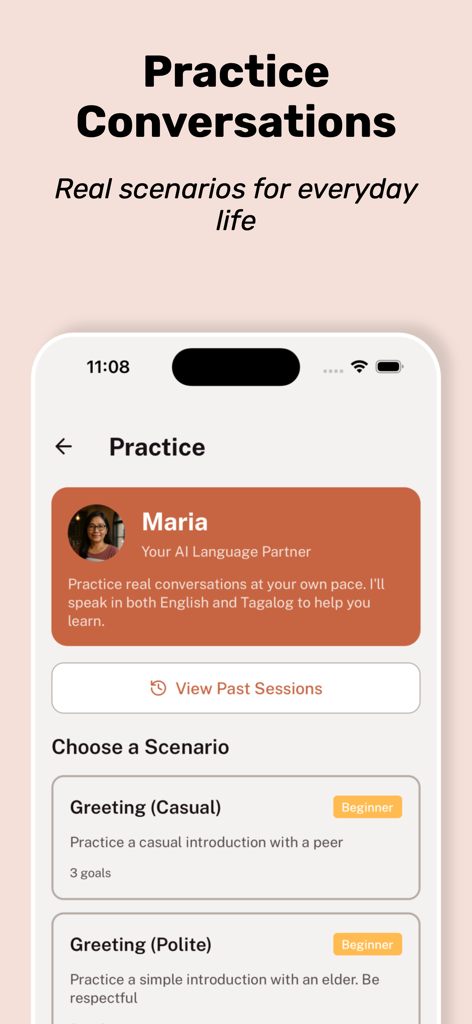 Tahanan app practice screen showing AI conversational scenarios for Tagalog language learning.