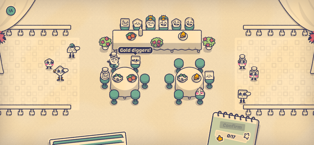 Is This Seat Taken? - A cozy logic puzzle gameplay scene showing characters being seated at a wedding banquet