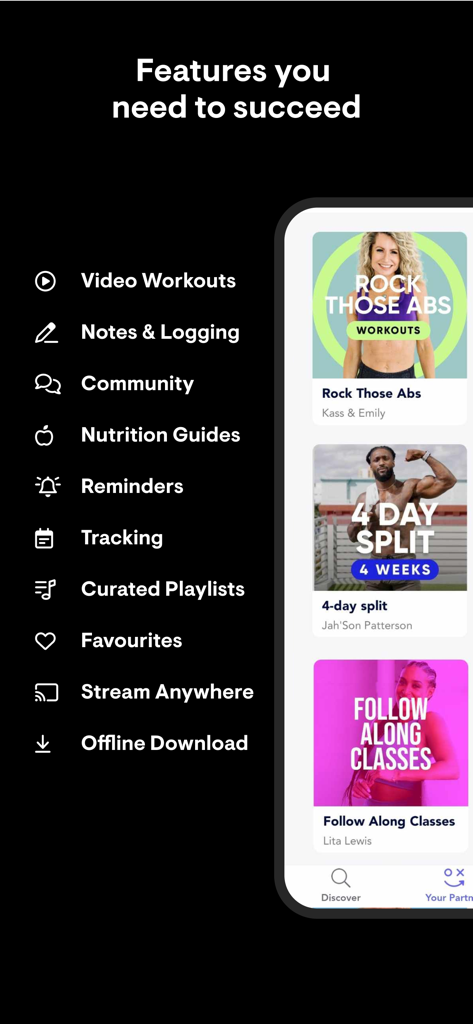 A list of Playbook app features including video workouts and nutrition guides next to a mobile screen showing creator led workout programs.
