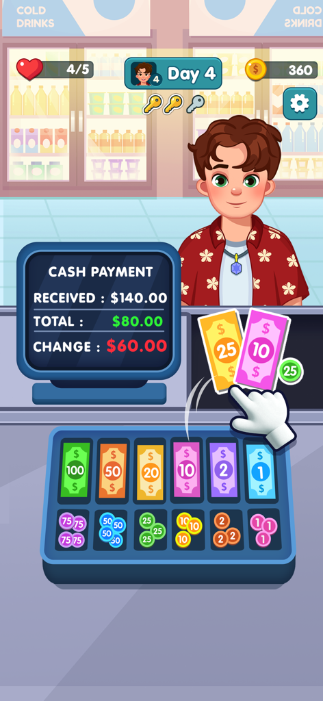 A cashier interface in the Bakery Mart game showing the cash register and the process of giving change to a customer.