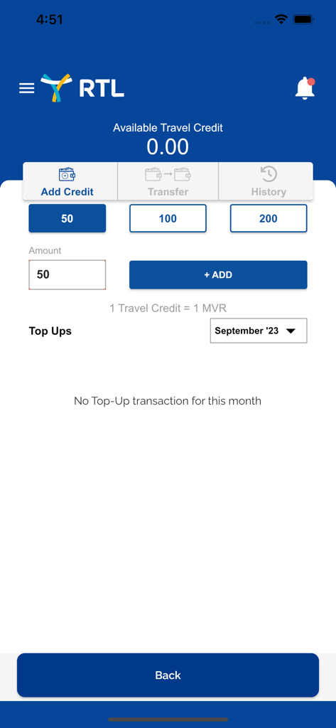 RTL Travel App - Une interface mobile pour l'application RTL Travel montrant les options de recharge de crédit de voyage et un tableau de bord de paiement pour les services de transport maldiviens.