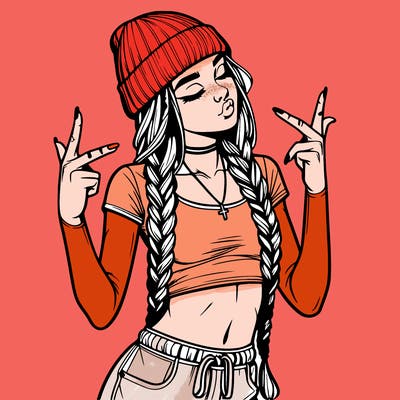 realistic teenage girl with braids and a beanie and crop top doing 🫶🏼