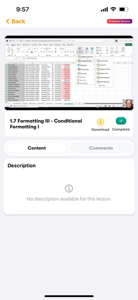 AQskill - Online Learning App - AQskill mobile app interface showing a video lesson on Excel conditional formatting