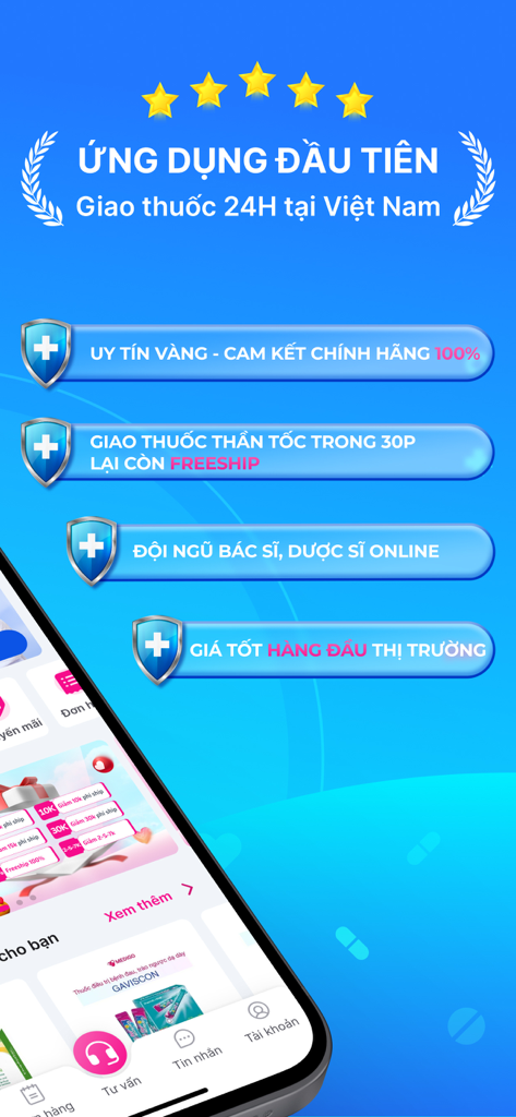 MEDIGO - Đặt thuốc nhanh 24/7 - Screenshot of MEDIGO app highlighting 24h medicine delivery and online medical consultation features in Vietnam
