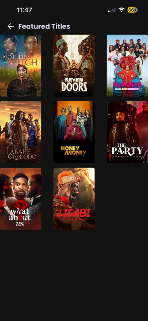 A grid display of featured Nollywood movie posters on the Kava TV streaming app