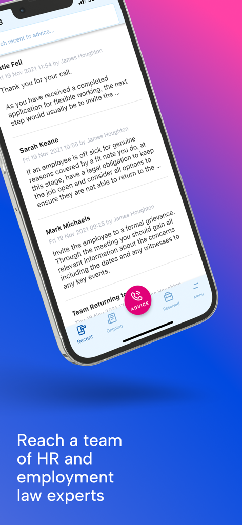 BrightHR - 人事および雇用法の専門家のアドバイスへのアクセスを表示するBrightHRモバイルアプリのインターフェース