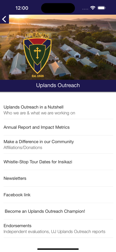 Uplands - The outreach screen of the Uplands school app showing a menu for community impact reports and donations.