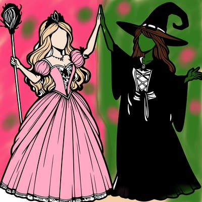 detailed realistic split of a princess and a witch