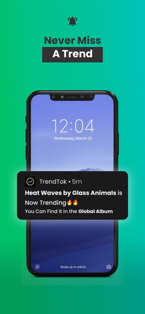TrendTok app notification on an iPhone lock screen showing a trending song alert for Heat Waves by Glass Animals.