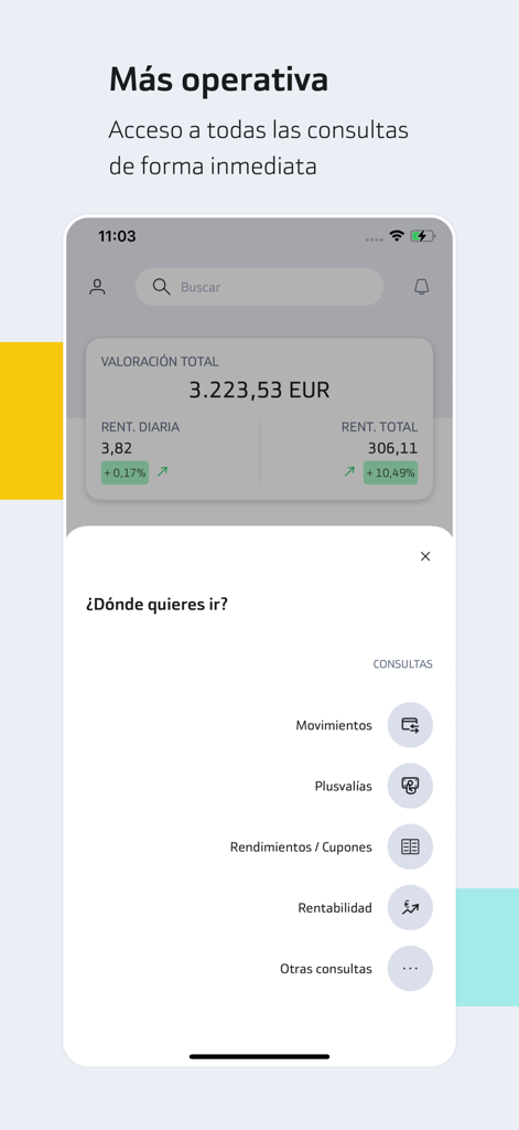 Interface of Broker Bankinter app showing portfolio valuation and an investment query menu in Spanish