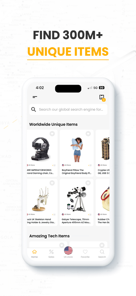 A screenshot of the Ubuy mobile app interface showcasing a variety of unique international products and a global search engine feature.