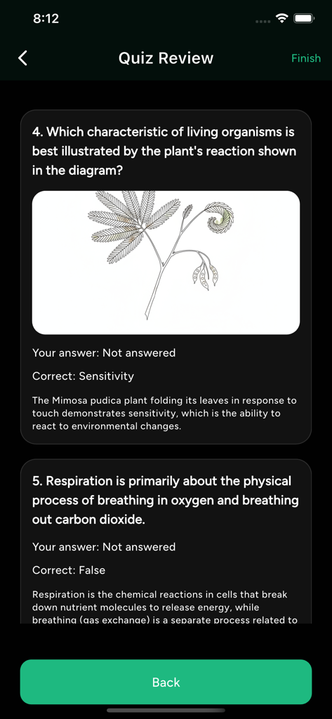 Estudy Learn - Estudy Learnアプリのインターフェース。生物学の問題と正解の詳細な説明が表示されたクイズレビュー画面です。