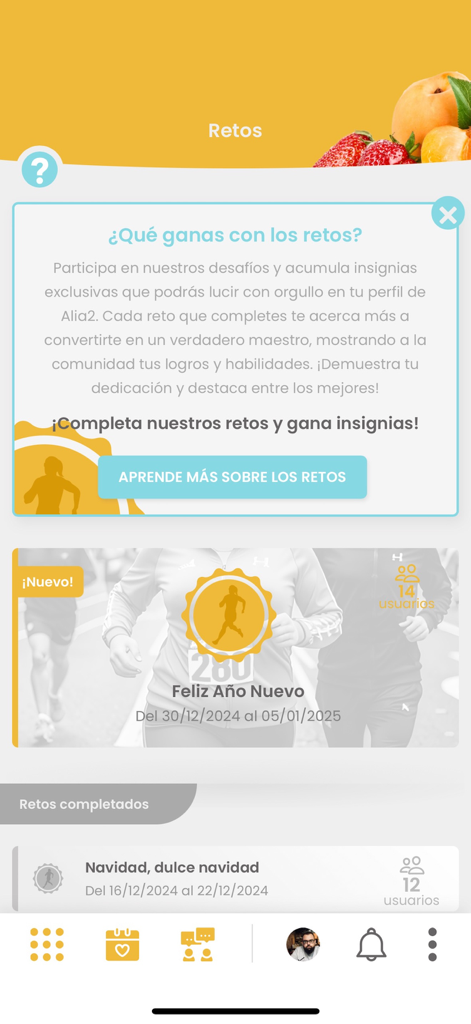 The challenges screen of the Mi no dieta app featuring badges and habit tracking for users.