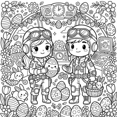 Join our adorable Time Machine Pilots on an extraordinary Easter adventure in this unique coloring page. This delightful scene perfectly blends futuristic exploration with festive spring charm, ready for your creative touch.