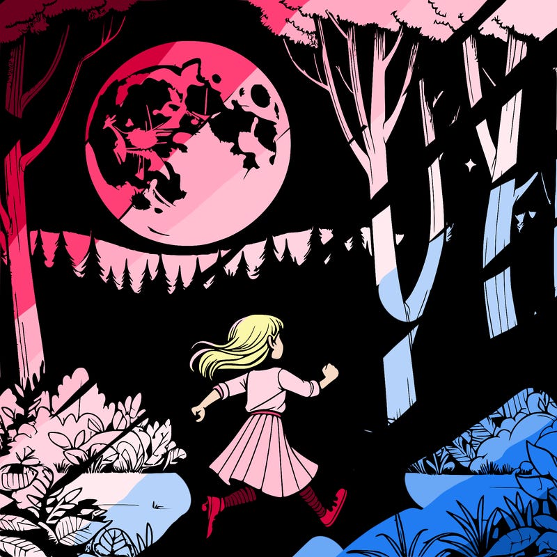 a realistic girl running in a forest under a realistic full moon in a realistic forest