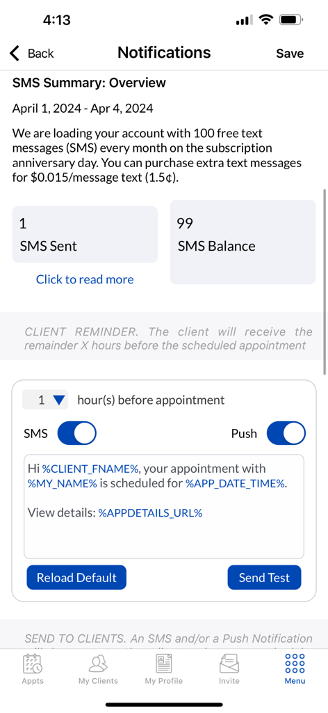 Ring My Loctician: Booking App - A mobile interface for managing SMS notifications and automated client appointment reminders in the Ring My Loctician app.
