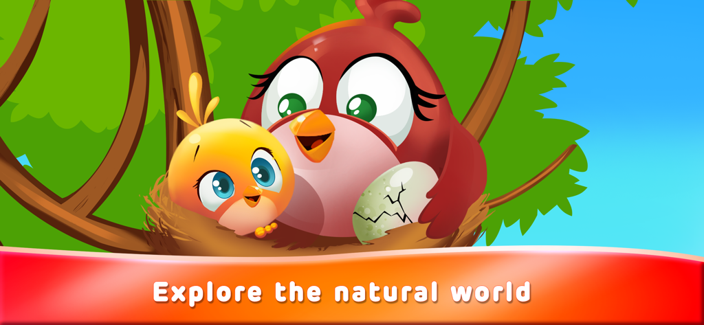 Cartoon mother and baby bird in a nest from a nature learning game for toddlers