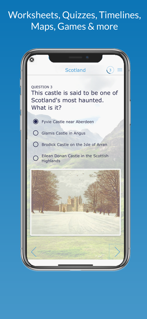 Un cuestionario de geografía de opción múltiple sobre Escocia mostrado en la interfaz de la aplicación móvil BookWidgets.