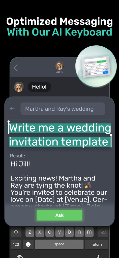 PocketAI keyboard extension being used to generate a wedding invitation template directly within a messaging app