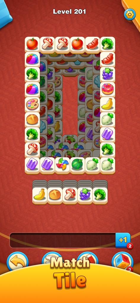Tile Story - Match Life Puzzle - Gameplay eines Kachel-Abgleich-Rätsels auf Level 201 mit Essens- und Dessertkacheln.