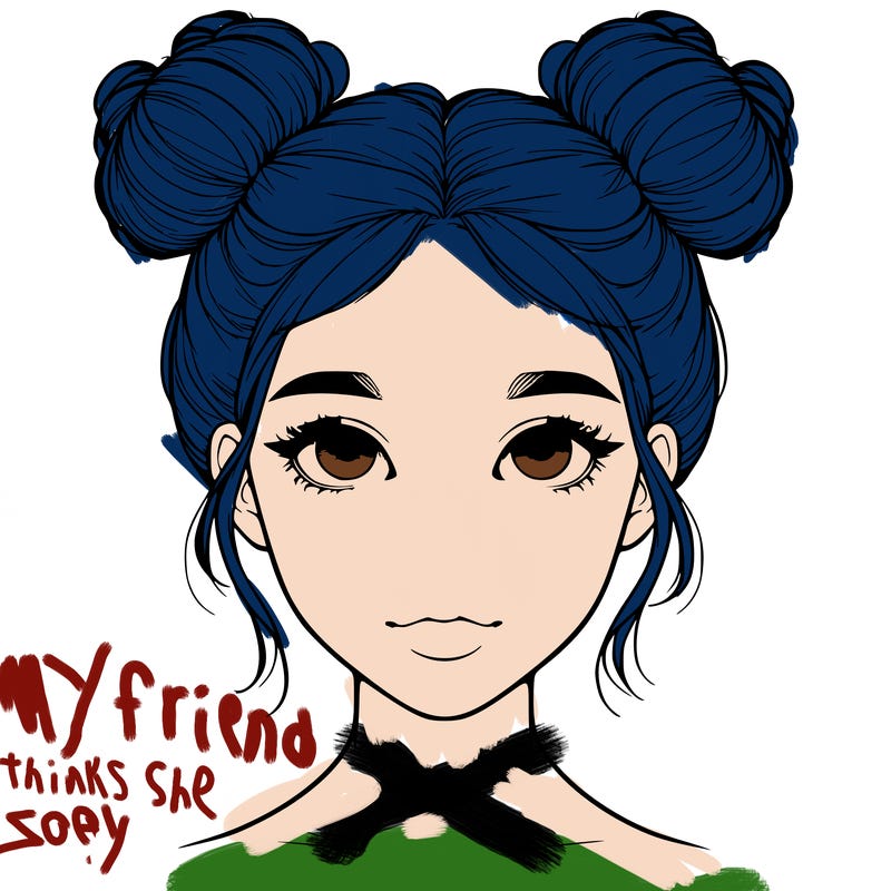 realistic girl with two buns on top of her head