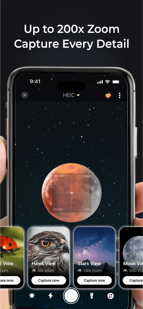 X Zoom app interface displaying 200x zoom capability with a detailed moon photo and specialized shooting modes