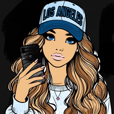 realistic beautiful girl wearing los ángeles cap holding an iphone