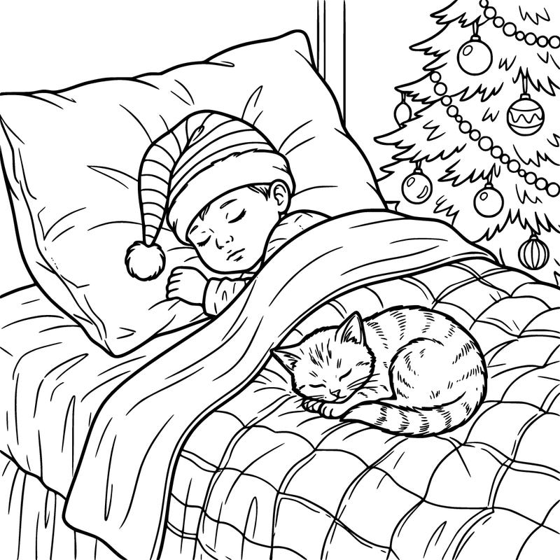 christmas baby in bed asleep with kitty and asleep in the bed