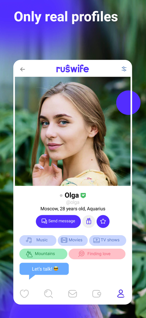 RusWife - Russian women - Screenshot der RusWife Dating-App mit einem verifizierten Profil einer Frau namens Olga aus Moskau