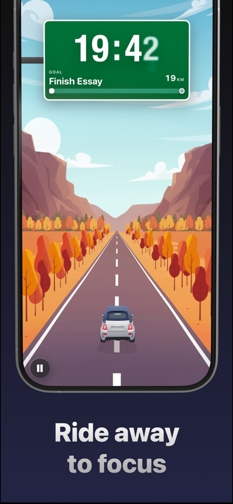 Focus Ride - Deepfocus Timer - Focus Ride app screen featuring a car driving on an autumn road with a focus timer and a goal to finish an essay