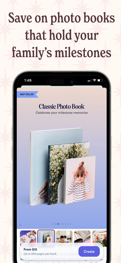 Ecrã da aplicação Chatbooks mostrando álbuns de fotos clássicos personalizáveis para memórias familiares