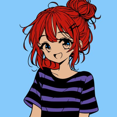 anime girl teenager striped shirt and smile and messy bun