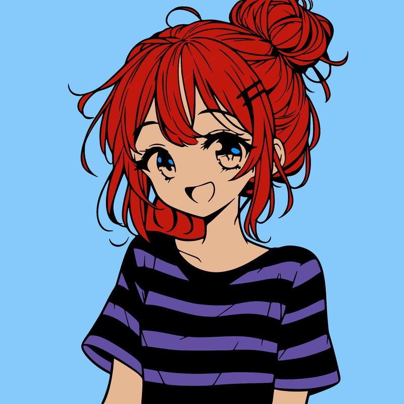 anime girl teenager striped shirt and smile and messy bun