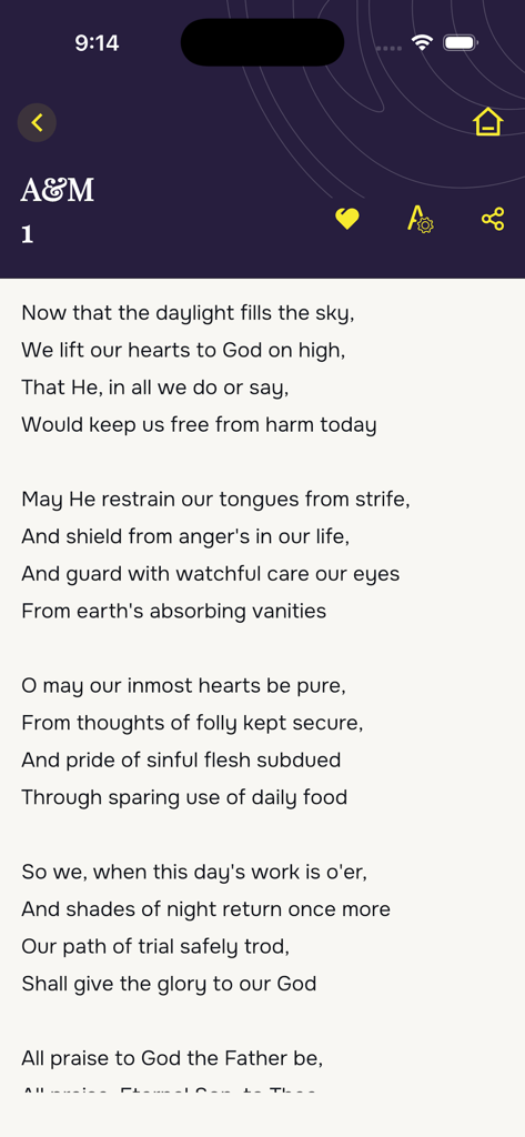 Pantalla de la aplicación móvil mostrando la letra de un himno anglicano con una interfaz de lectura limpia