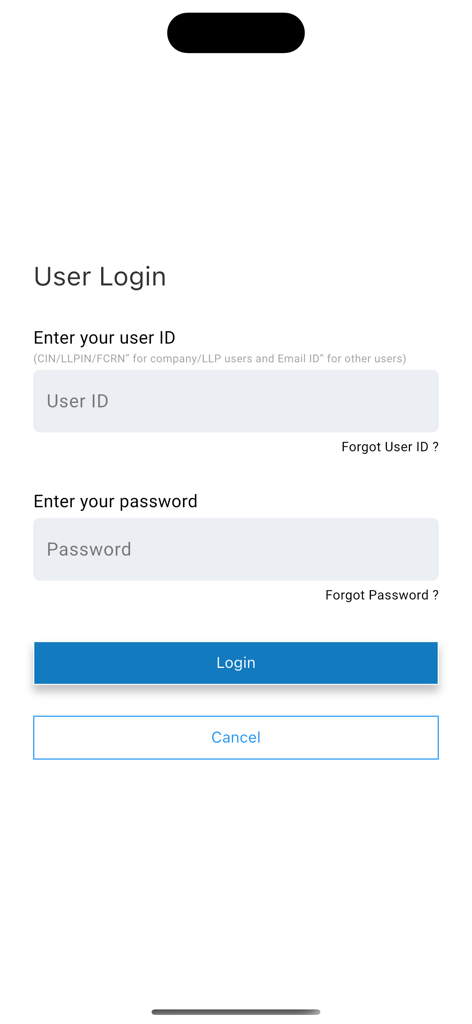 MCA India - User login interface of the MCA India app showing fields for user ID and password
