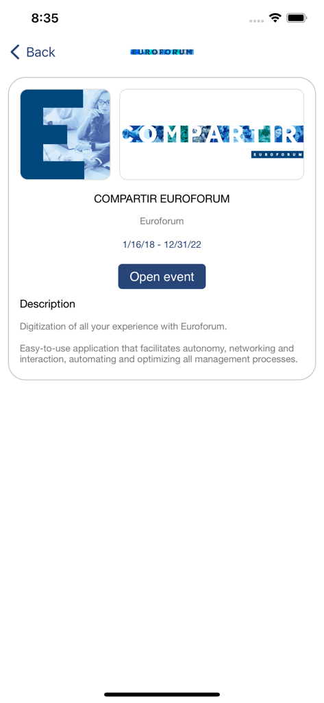 Detail screen of the Compartir Euroforum event showing dates and an open event button within the app