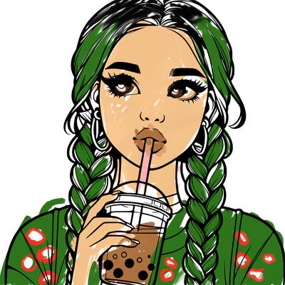 realistic girl with braided hair drinking boba