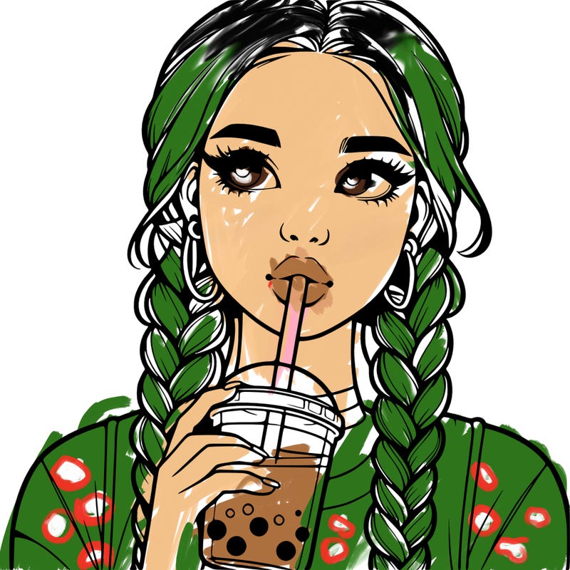 realistic girl with braided hair drinking boba